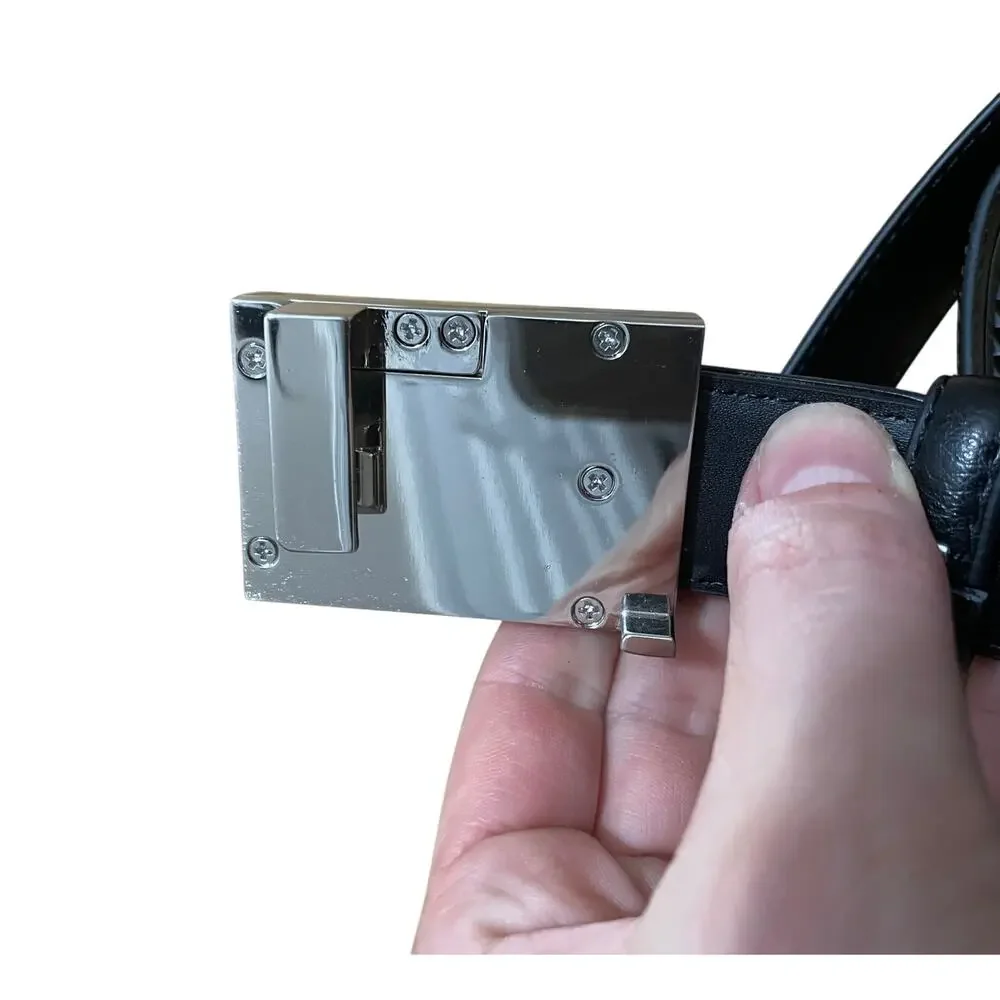 Mens Black Leather Ratchet Belt‎ Brushed Silver Rectangular Buckle 50in L 1in W